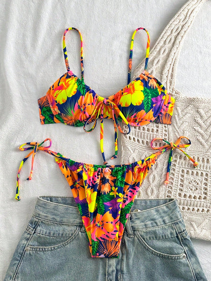 Ladies Spaghetti Strap Floral Print Bikini Top And Tie-Side Bikini Bottom Set  Summer Beach