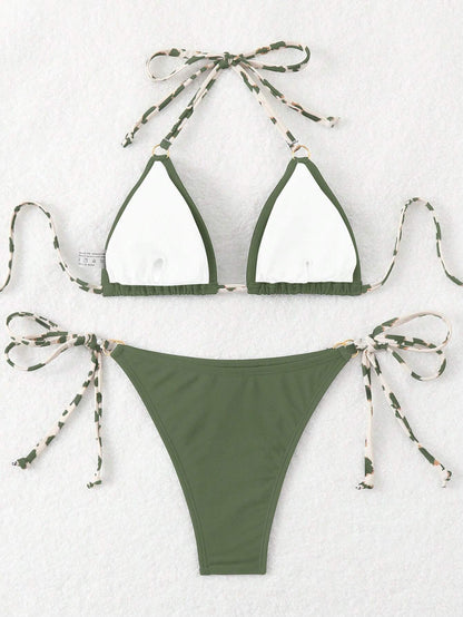 Women's Print Summer Beach Halter Backless Sexy Bikini Swimwear Set