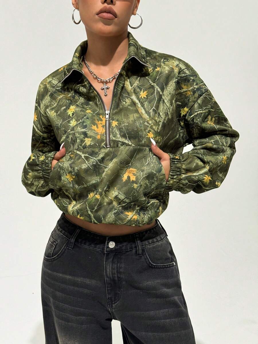 Women's Kangaroo Pocket Drop Shoulder Half Zip Up Thermal Pullover