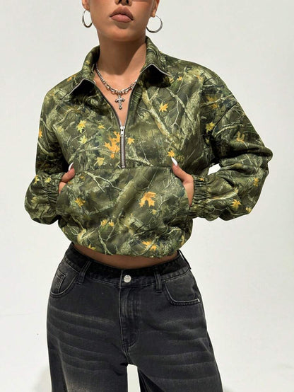 Women's Kangaroo Pocket Drop Shoulder Half Zip Up Thermal Pullover