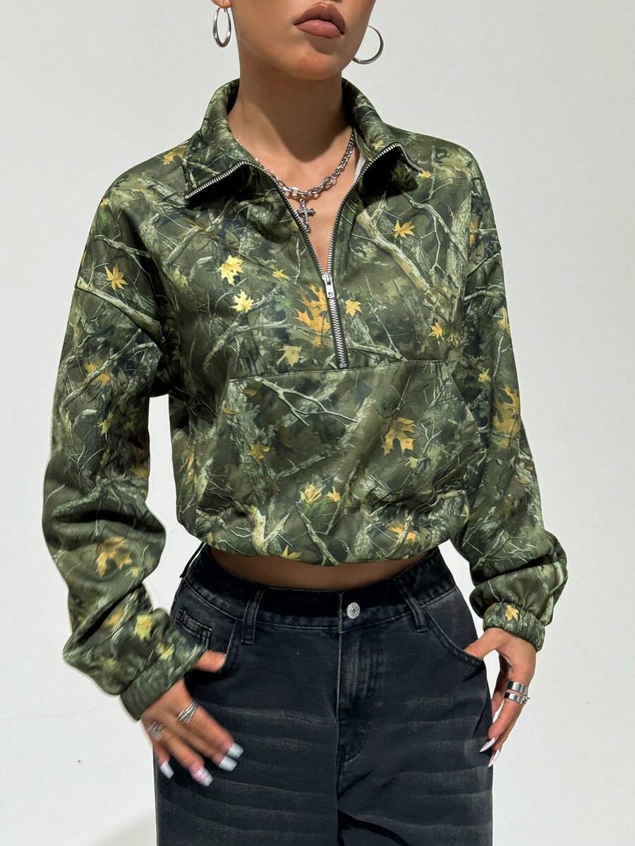 Women's Kangaroo Pocket Drop Shoulder Half Zip Up Thermal Pullover