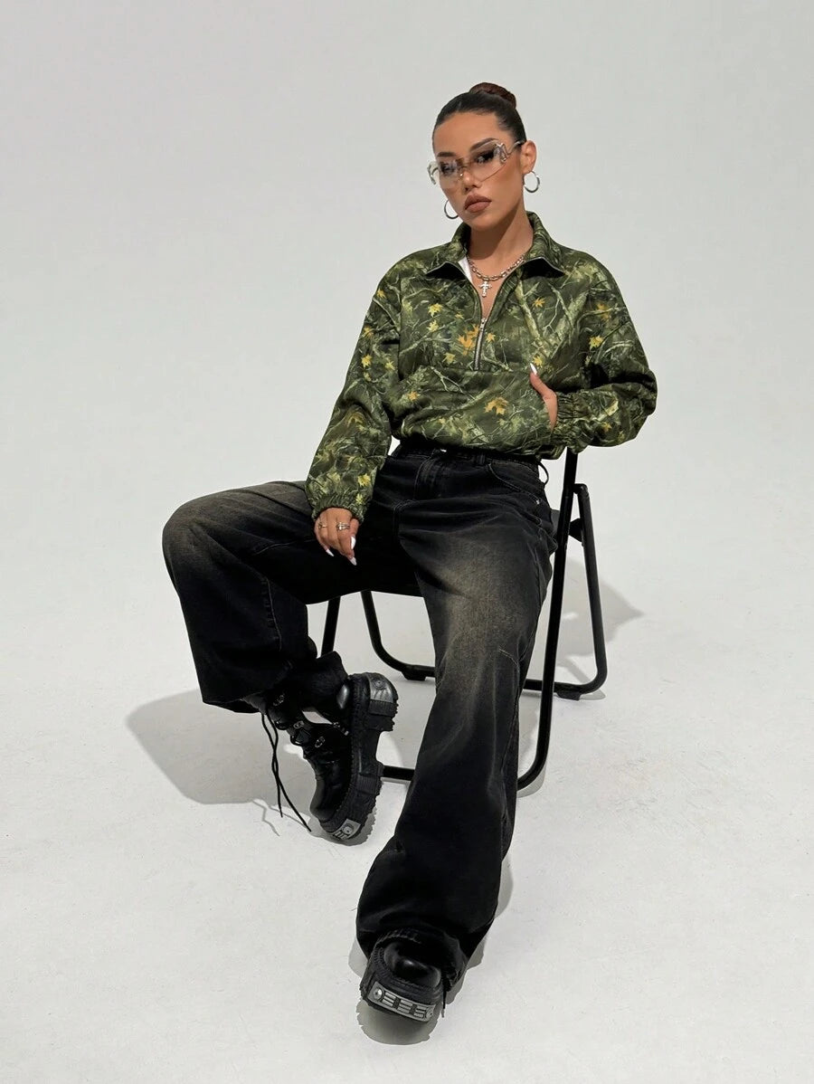 Women's Kangaroo Pocket Drop Shoulder Half Zip Up Thermal Pullover