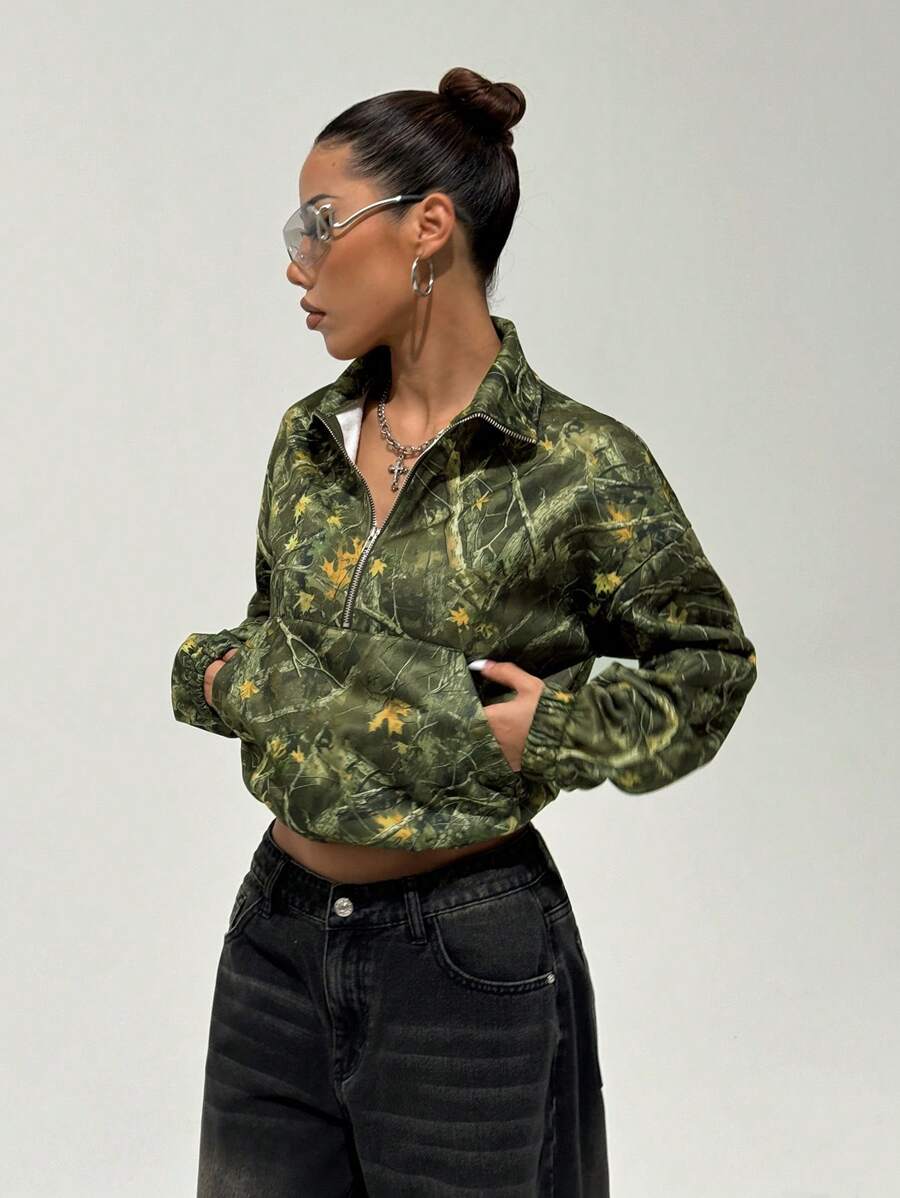 Women's Kangaroo Pocket Drop Shoulder Half Zip Up Thermal Pullover