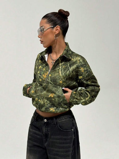 Women's Kangaroo Pocket Drop Shoulder Half Zip Up Thermal Pullover