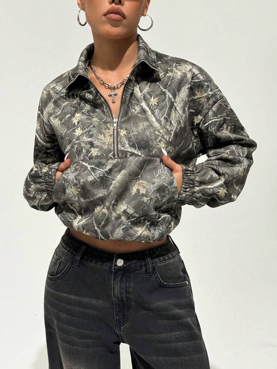 Women's Kangaroo Pocket Drop Shoulder Half Zip Up Thermal Pullover