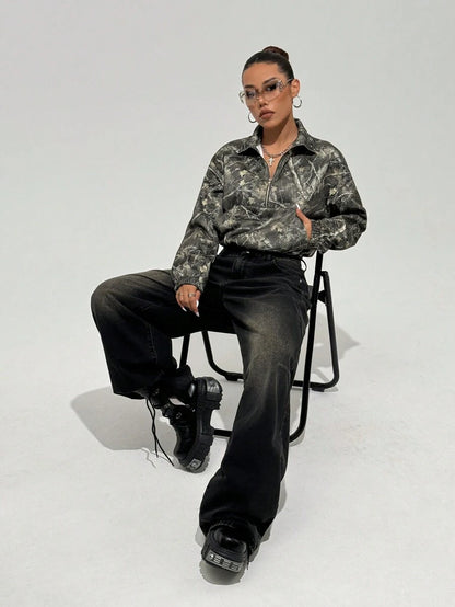 Women's Kangaroo Pocket Drop Shoulder Half Zip Up Thermal Pullover