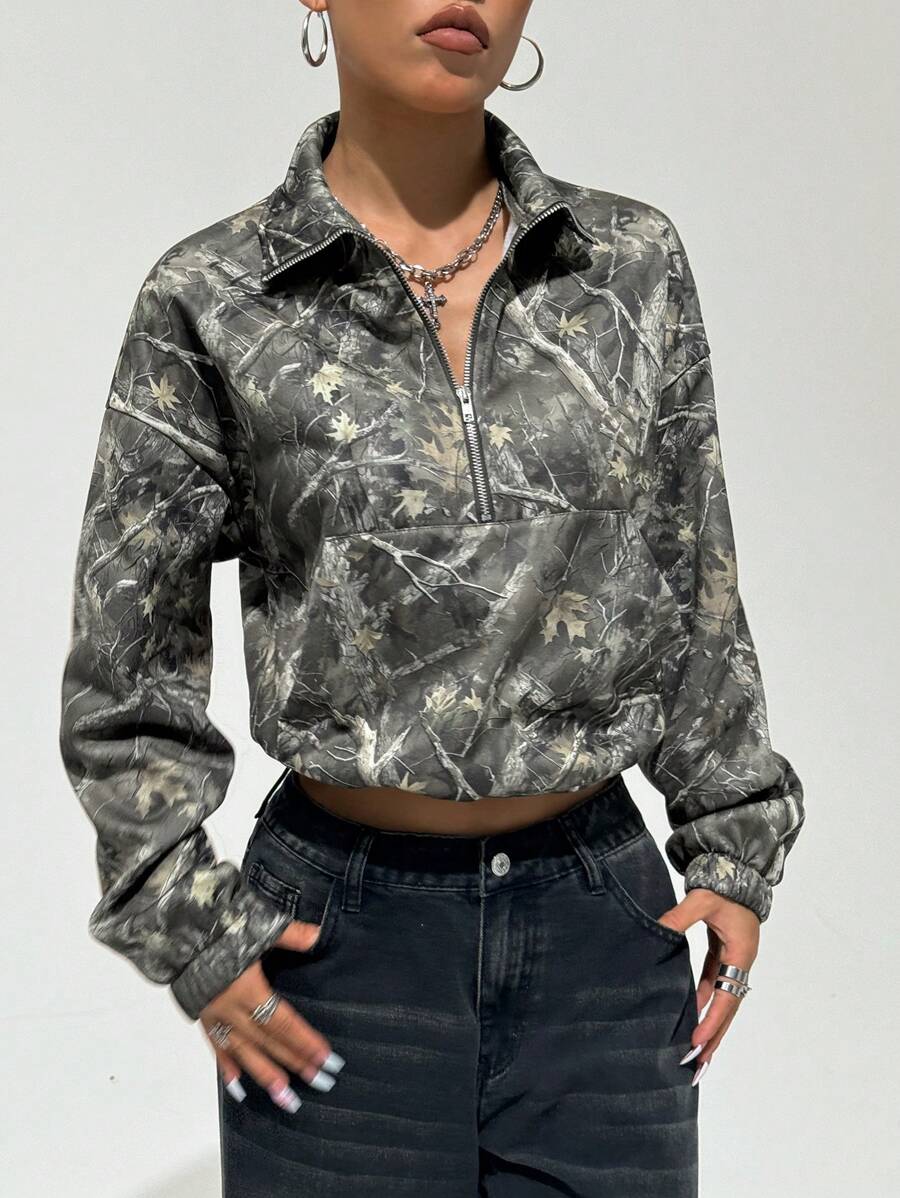 Women's Kangaroo Pocket Drop Shoulder Half Zip Up Thermal Pullover