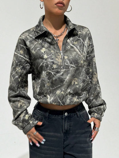 Women's Kangaroo Pocket Drop Shoulder Half Zip Up Thermal Pullover