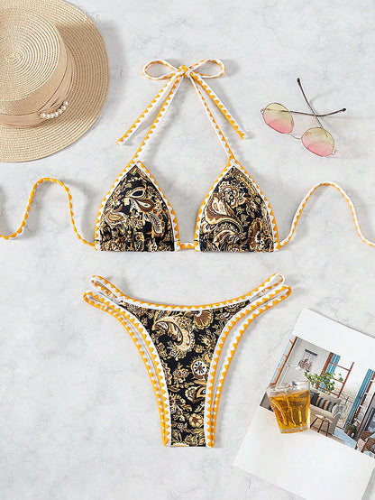 Women's Summer Beach Plant Printed Halter Neck Sexy Bikini Set