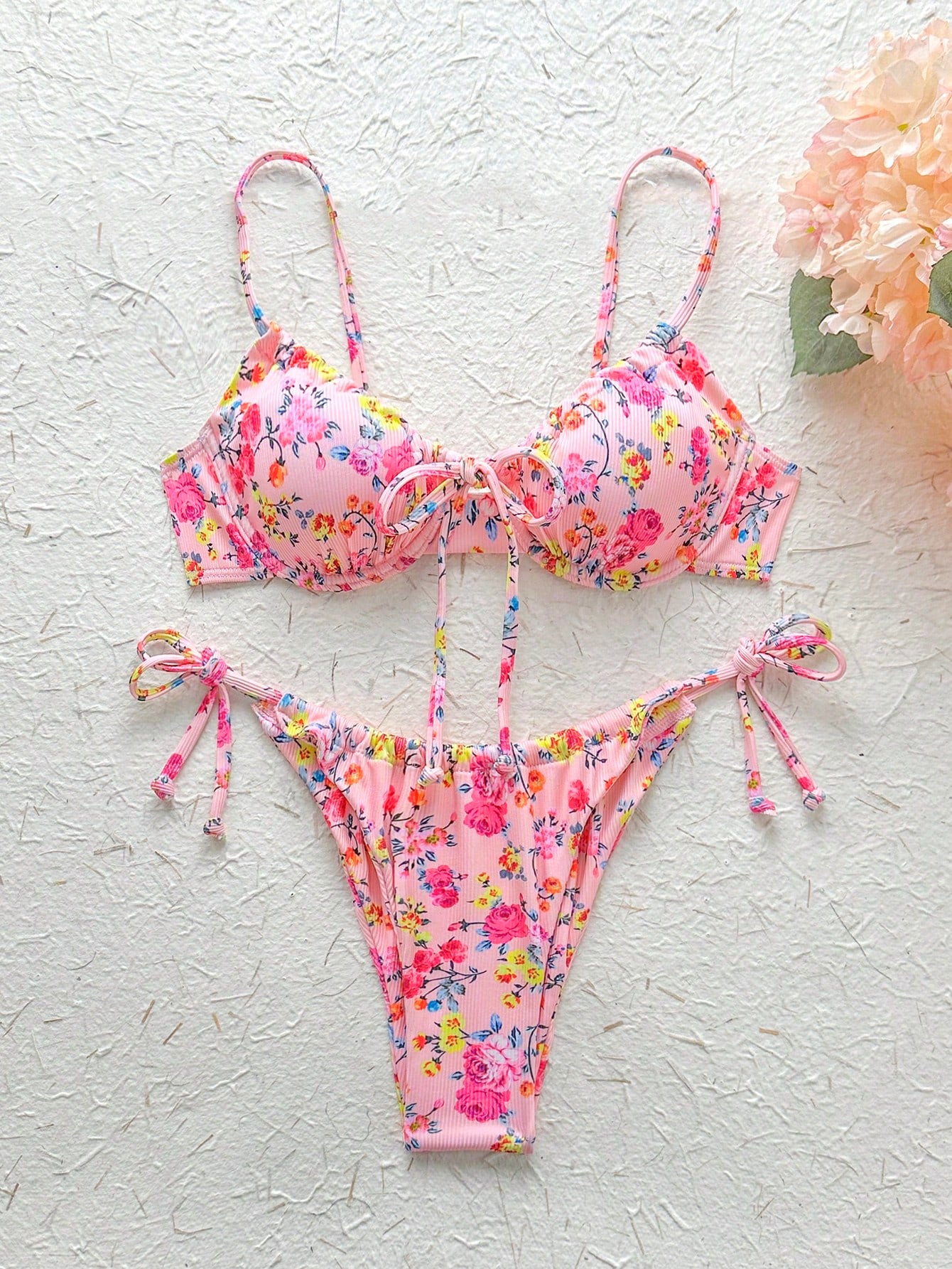 Ladies Spaghetti Strap Floral Print Bikini Top And Tie-Side Bikini Bottom Set  Summer Beach