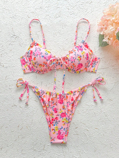 Ladies Spaghetti Strap Floral Print Bikini Top And Tie-Side Bikini Bottom Set  Summer Beach