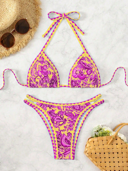 Women's Summer Beach Plant Printed Halter Neck Sexy Bikini Set