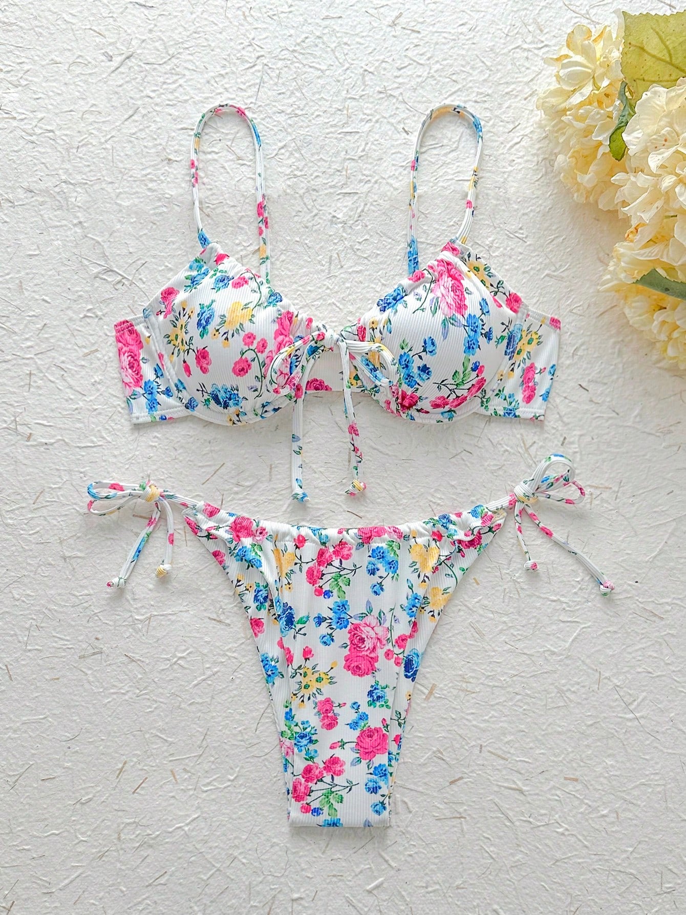 Ladies Spaghetti Strap Floral Print Bikini Top And Tie-Side Bikini Bottom Set  Summer Beach