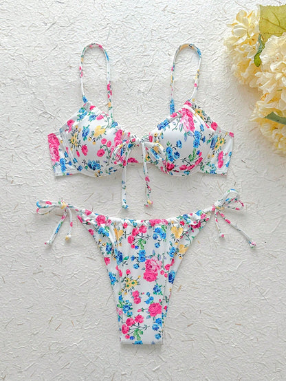 Ladies Spaghetti Strap Floral Print Bikini Top And Tie-Side Bikini Bottom Set  Summer Beach