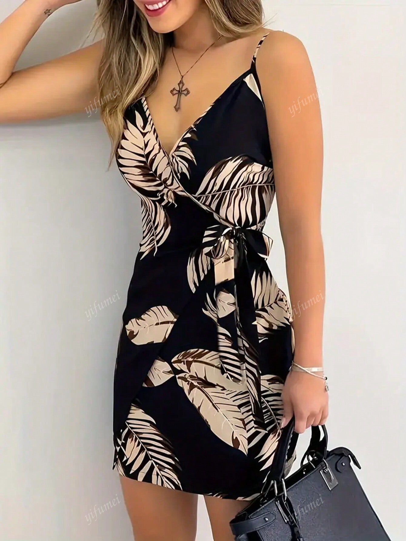Women's V-Neck Spaghetti Strap Tropical Plant Print Tie Waist Dress