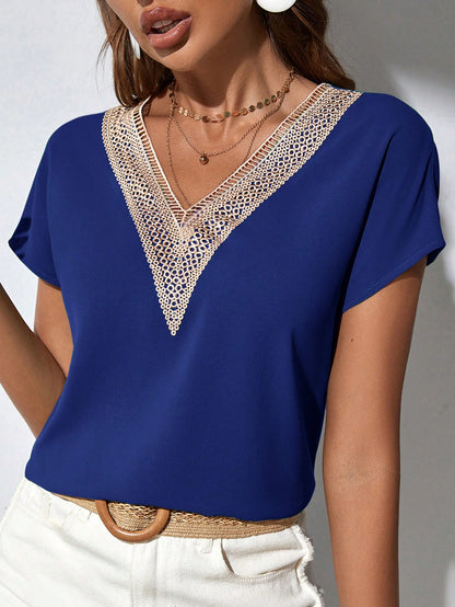 Classy Contrast Guipure Lace Dolman Sleeve Blouse, Short Sleeve Tops.