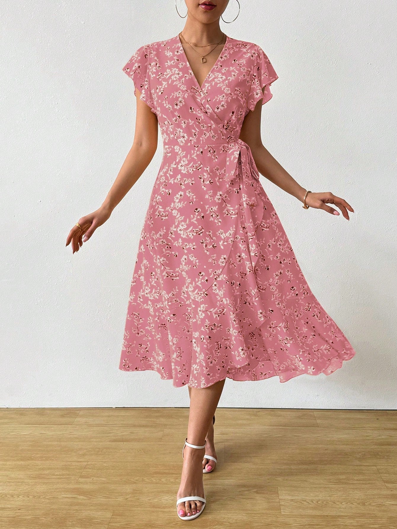 Floral Print Butterfly Sleeve Knot Side Dress Maxi Women Outfit