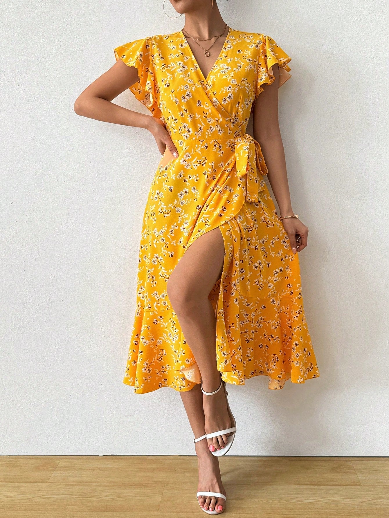 Floral Print Butterfly Sleeve Knot Side Dress Maxi Women Outfit