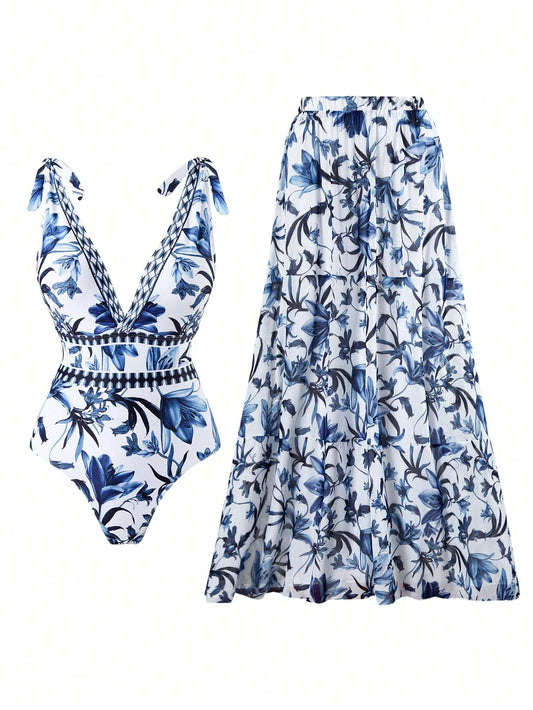 Swim set  V-Neck Blue Floral Print Halter Backless One-Piece Swimsuit With Sheer Skirt, High-End Summer Beach Outfit For Women