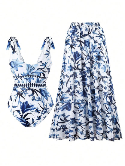 Swim set  V-Neck Blue Floral Print Halter Backless One-Piece Swimsuit With Sheer Skirt, High-End Summer Beach Outfit For Women