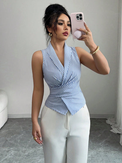 Women's Sleeveless V-Neck Tie Waist Bow Elegant Blouse.