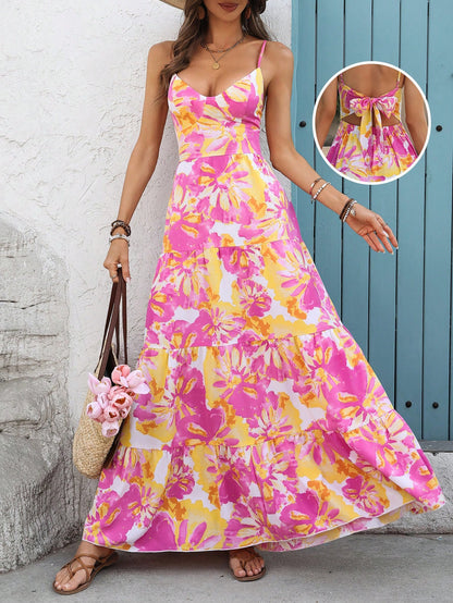 Women's Bohemian Style Belted Spaghetti Strap Patchwork Dress Maxi Vacation Beach Outfit