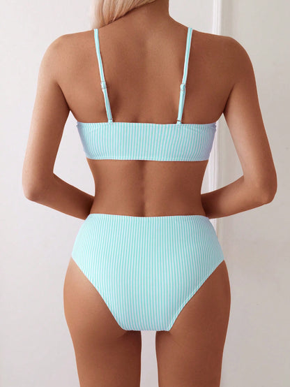 Women's Random Striped Print Bandeau Bikini Top And High Waist Bikini Bottom Set, Casual Beach Vacation