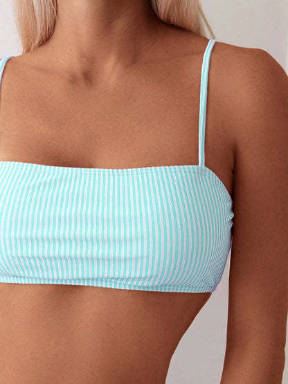 Women's Random Striped Print Bandeau Bikini Top And High Waist Bikini Bottom Set, Casual Beach Vacation