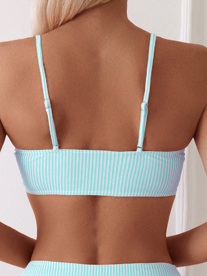 Women's Random Striped Print Bandeau Bikini Top And High Waist Bikini Bottom Set, Casual Beach Vacation
