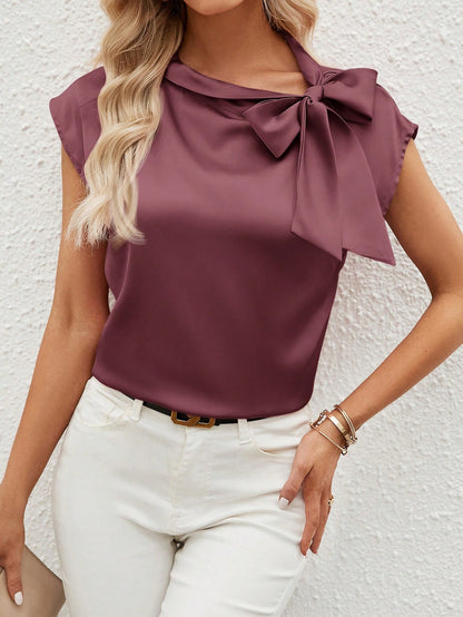 Classy Women Summer Elegant Solid Color Tie Collar Blouse.