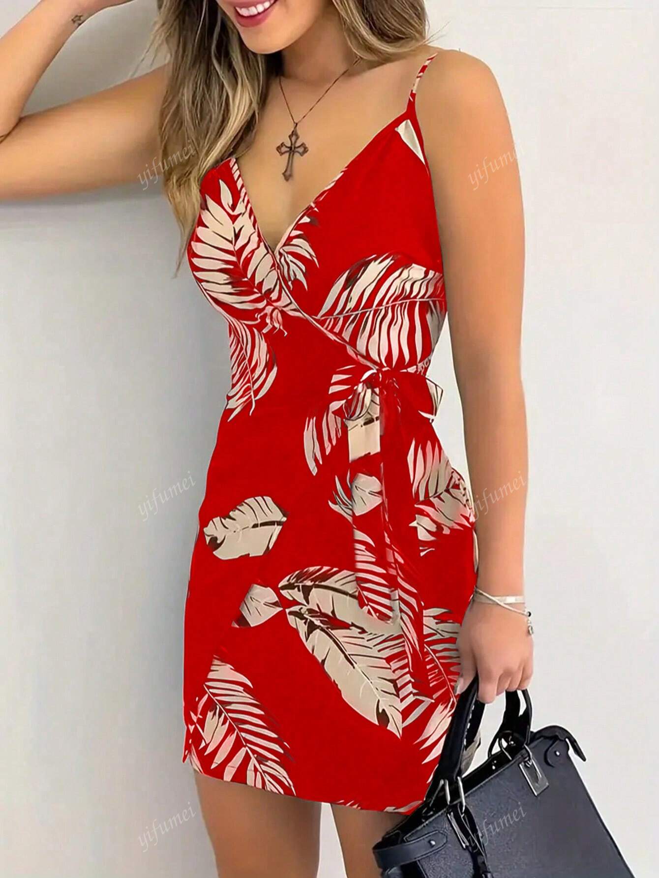 Women's V-Neck Spaghetti Strap Tropical Plant Print Tie Waist Dress