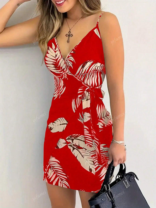Women's V-Neck Spaghetti Strap Tropical Plant Print Tie Waist Dress