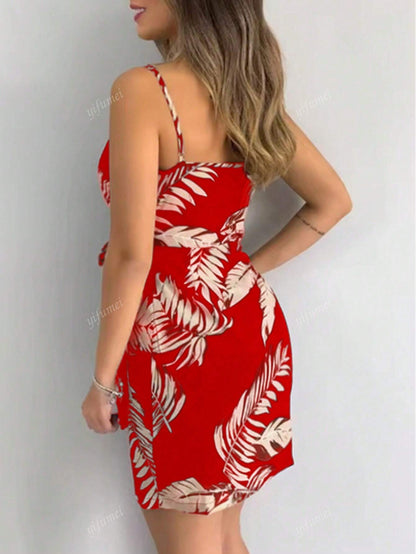 Women's V-Neck Spaghetti Strap Tropical Plant Print Tie Waist Dress