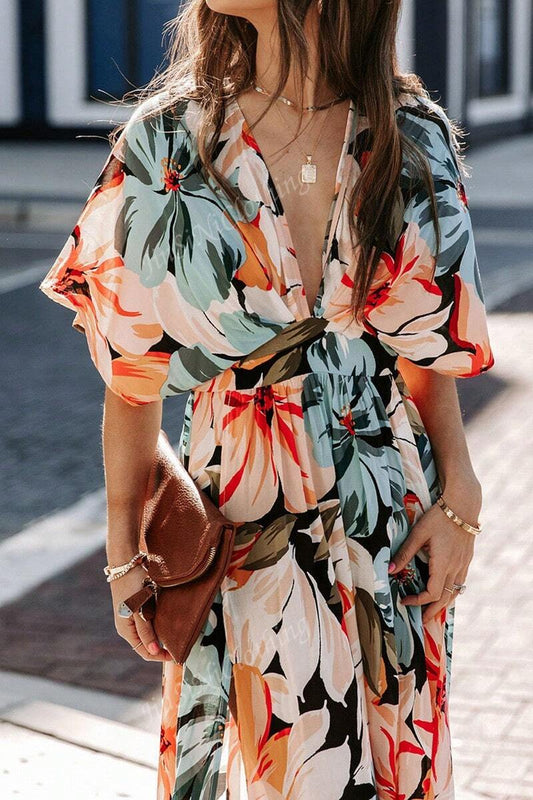 Women Long V-Neck Short Sleeve Dress, Minimalist Fashion Suitable For Summer