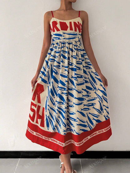 Beach Women's Spring Summer Casual Style Vintage Fish Art Positioning Printed Backless Flowing Long Dresses