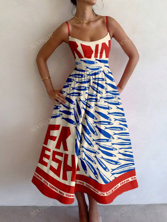 Beach Women's Spring Summer Casual Style Vintage Fish Art Positioning Printed Backless Flowing Long Dresses