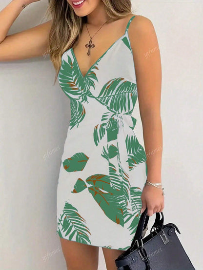 Women's V-Neck Spaghetti Strap Tropical Plant Print Tie Waist Dress