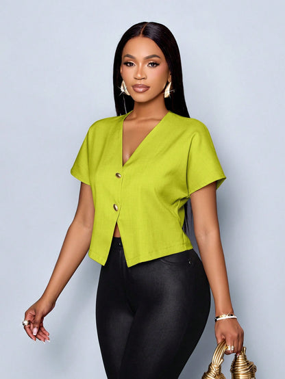 Women's Solid Color V-Neck Metal Button Asymmetric Hem Elegant Short Sleeve Blouse