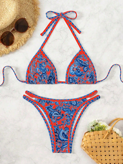 Women's Summer Beach Plant Printed Halter Neck Sexy Bikini Set