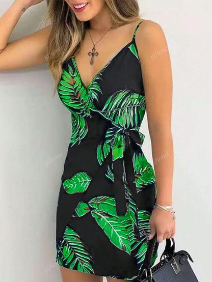 Women's V-Neck Spaghetti Strap Tropical Plant Print Tie Waist Dress