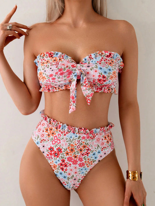 Floral Ruffle Bandeau Top And Beach Shorts, For Spring/Summer