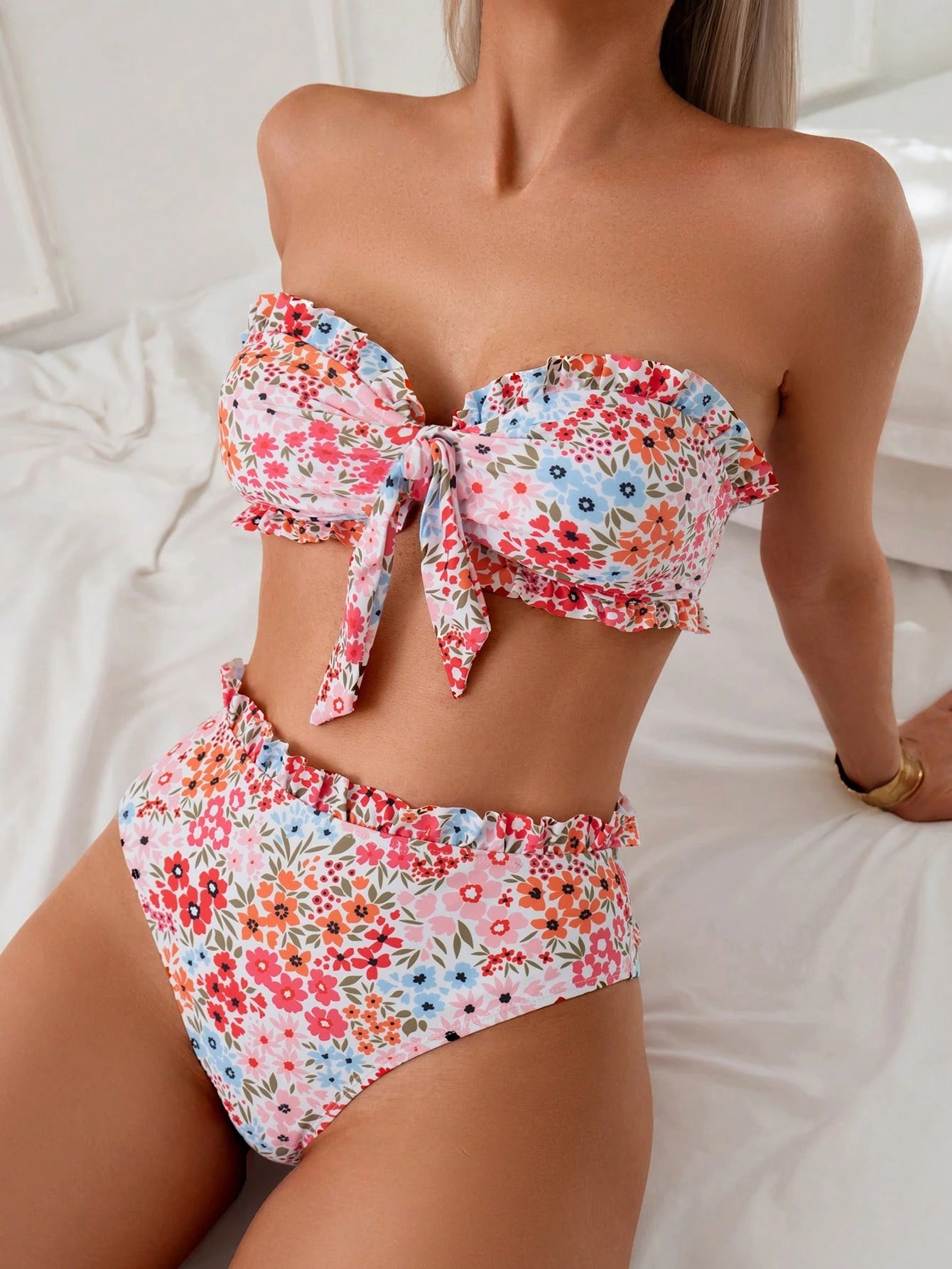 Floral Ruffle Bandeau Top And Beach Shorts, For Spring/Summer