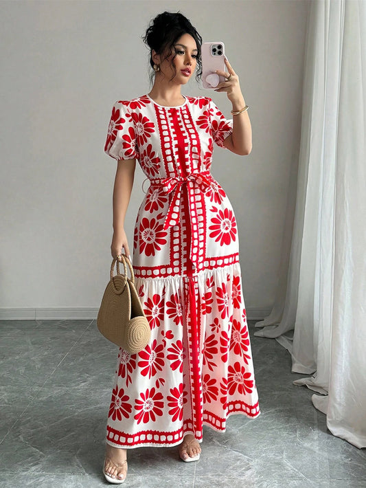 Lantern Sleeve Round Neck Drawstring Waist Flare Hem Vacation Dress, Slimming