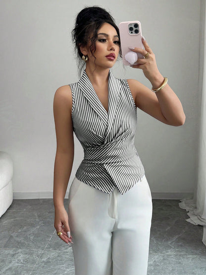 Women's Sleeveless V-Neck Tie Waist Bow Elegant Blouse.