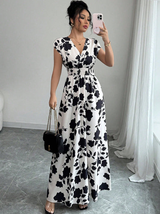 Women's V-Neck X-Shaped Pleated Shadow Flower Print Mid-Length Dress