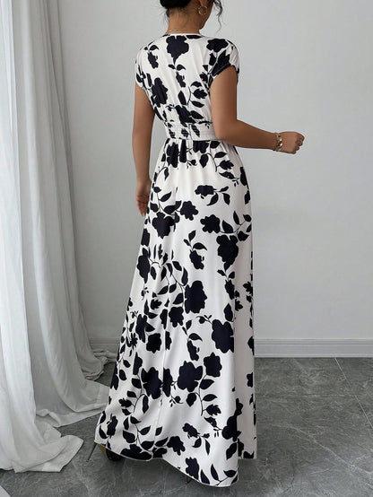 Women's V-Neck X-Shaped Pleated Shadow Flower Print Mid-Length Dress