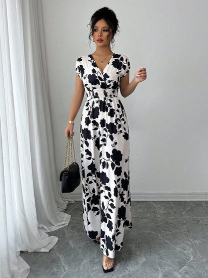 Women's V-Neck X-Shaped Pleated Shadow Flower Print Mid-Length Dress