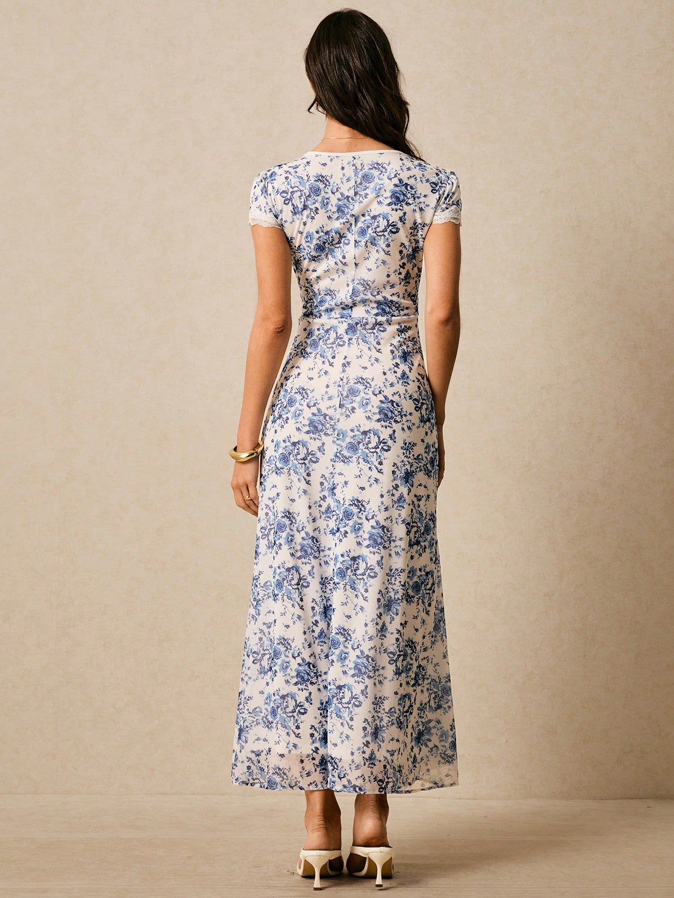 Blue Print Dress, Lace Patchwork Dress, Elegant Long Dress, Women outfit.