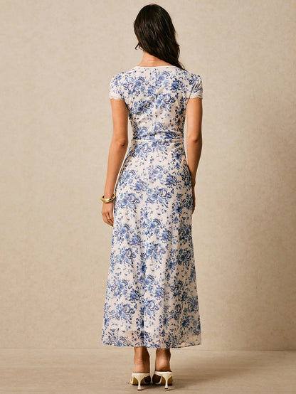 Blue Print Dress, Lace Patchwork Dress, Elegant Long Dress, Women outfit.