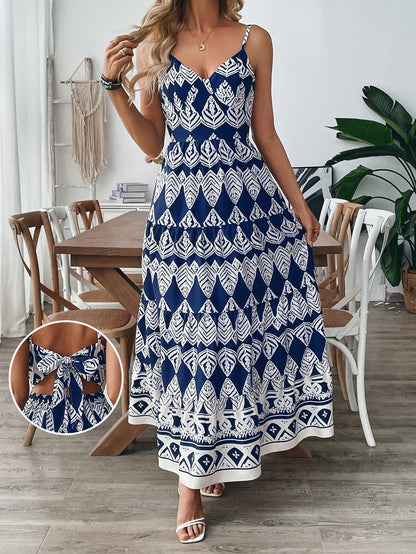 Women's Bohemian Style Belted Spaghetti Strap Patchwork Dress Maxi Vacation Beach Outfit